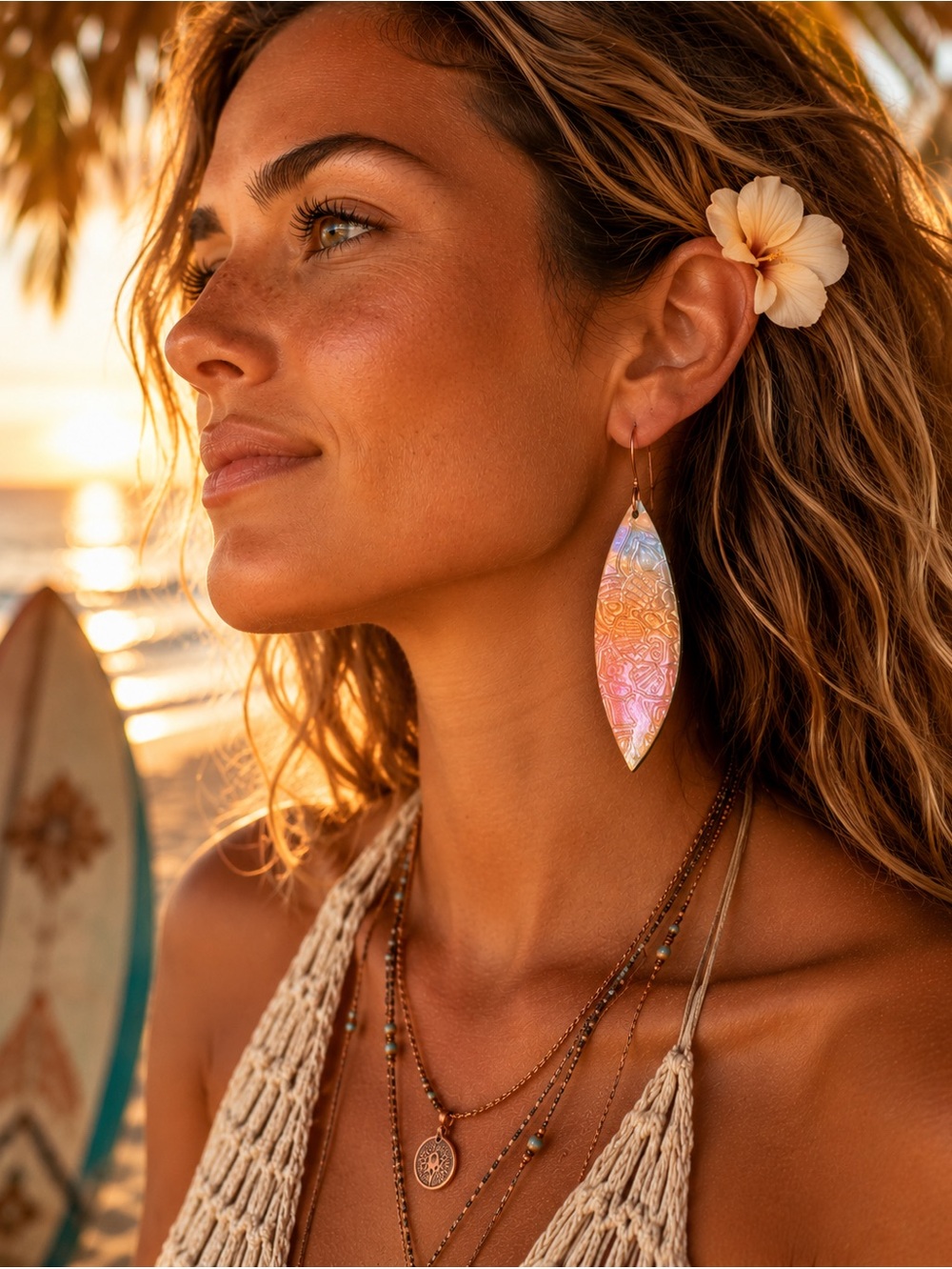 Tribal Painted Pink and Orange 
Surfboard Boho Earrings - Picture 3 of 16
